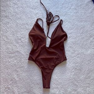 Chic Brown One Piece Swimsuit with Textured Fabric